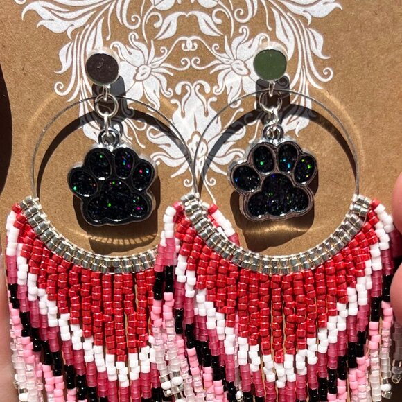 Handmade Beaded Long Fringe Paw Love Dangle Drop Lightweight Post Hoop Earrings - Picture 5 of 9